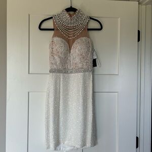 Sherri Hill Formal White Nude Jeweled Mini Dress 0 New